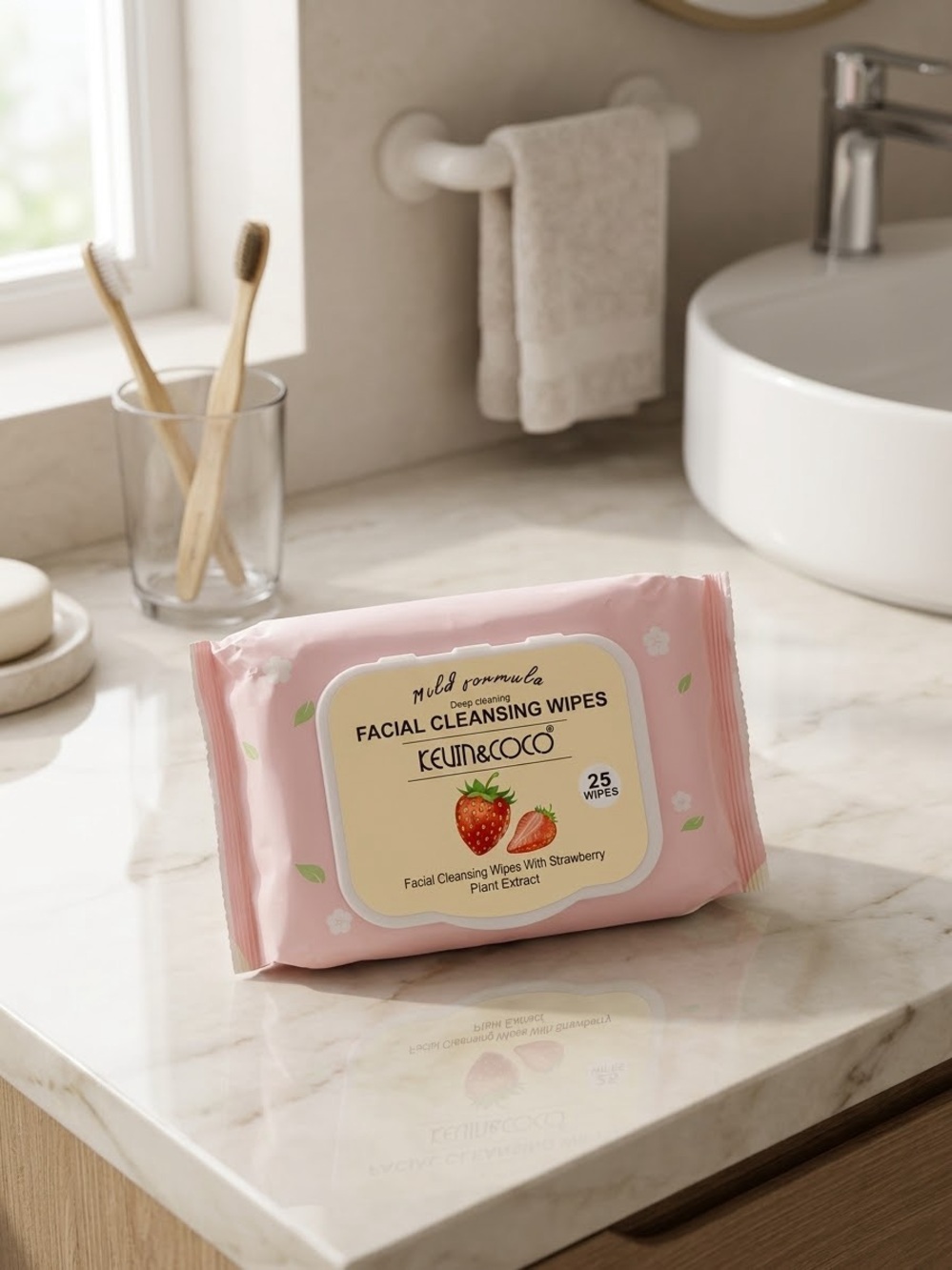 Kevin & Coco Facial Cleansing Wipes Strawberry 25 Count Face & Eye Makeup Remove